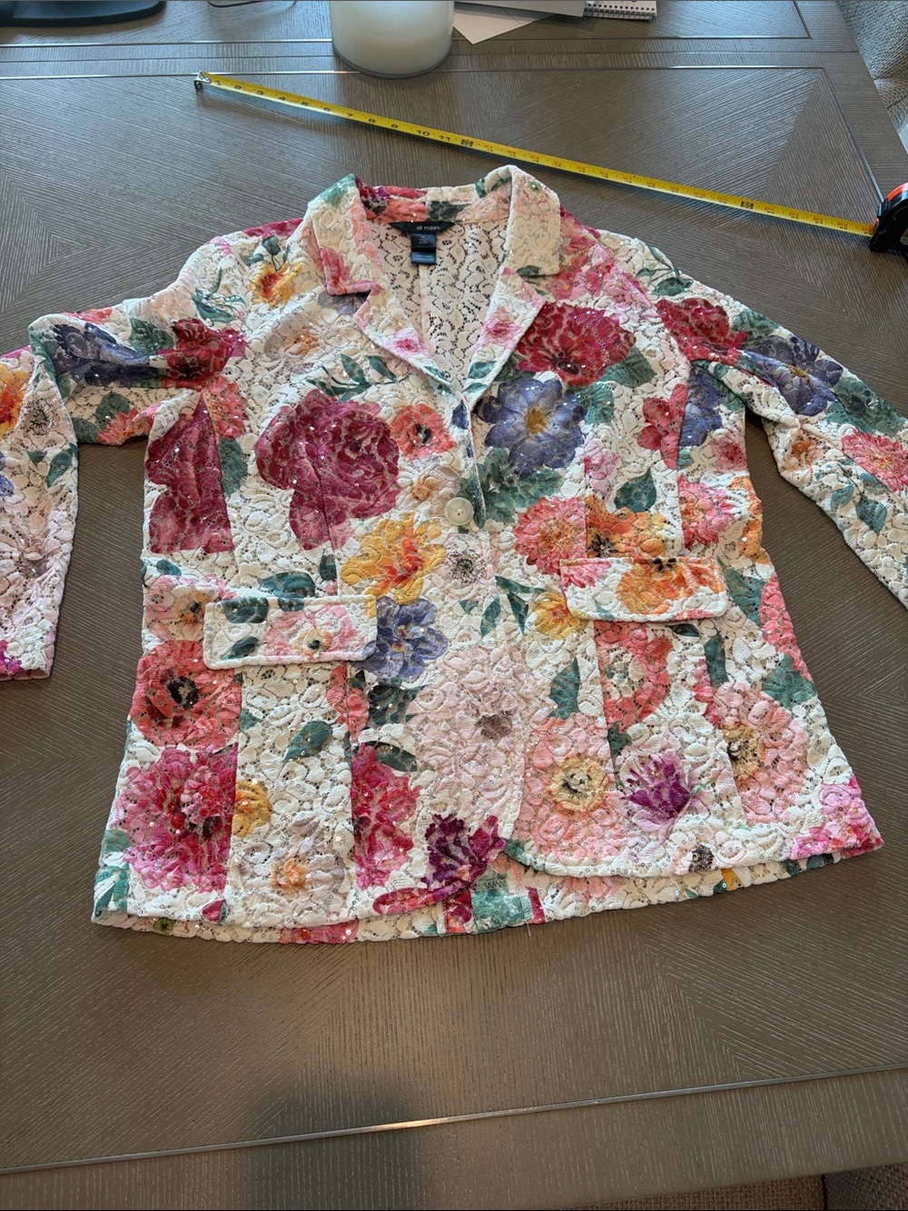 Ali Miles Floral Blazer in White with Pink, Purple and Green Accents